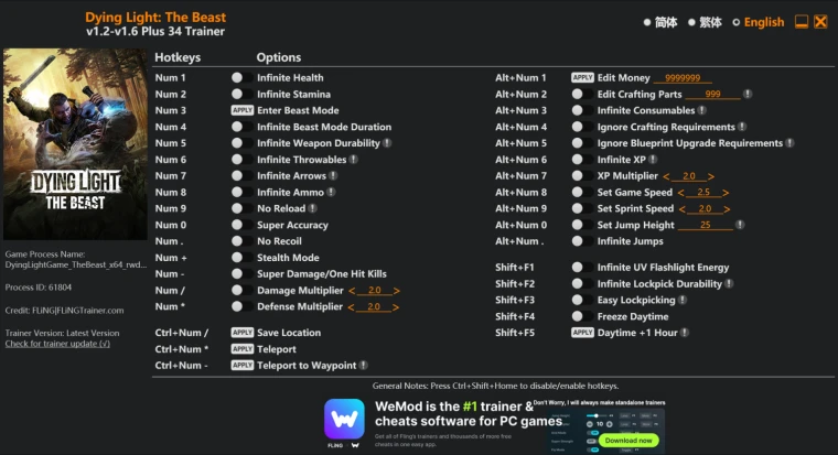 Dying Light: The Beast "Трейнер +34 от FLiNG (Трейнеры)