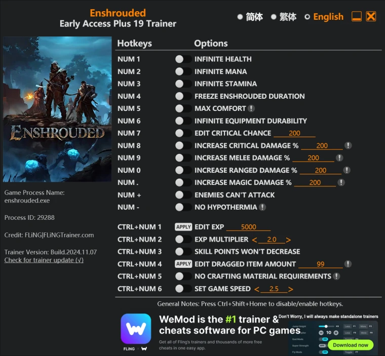 Enshrouded Трейнер +19 от FLiNG